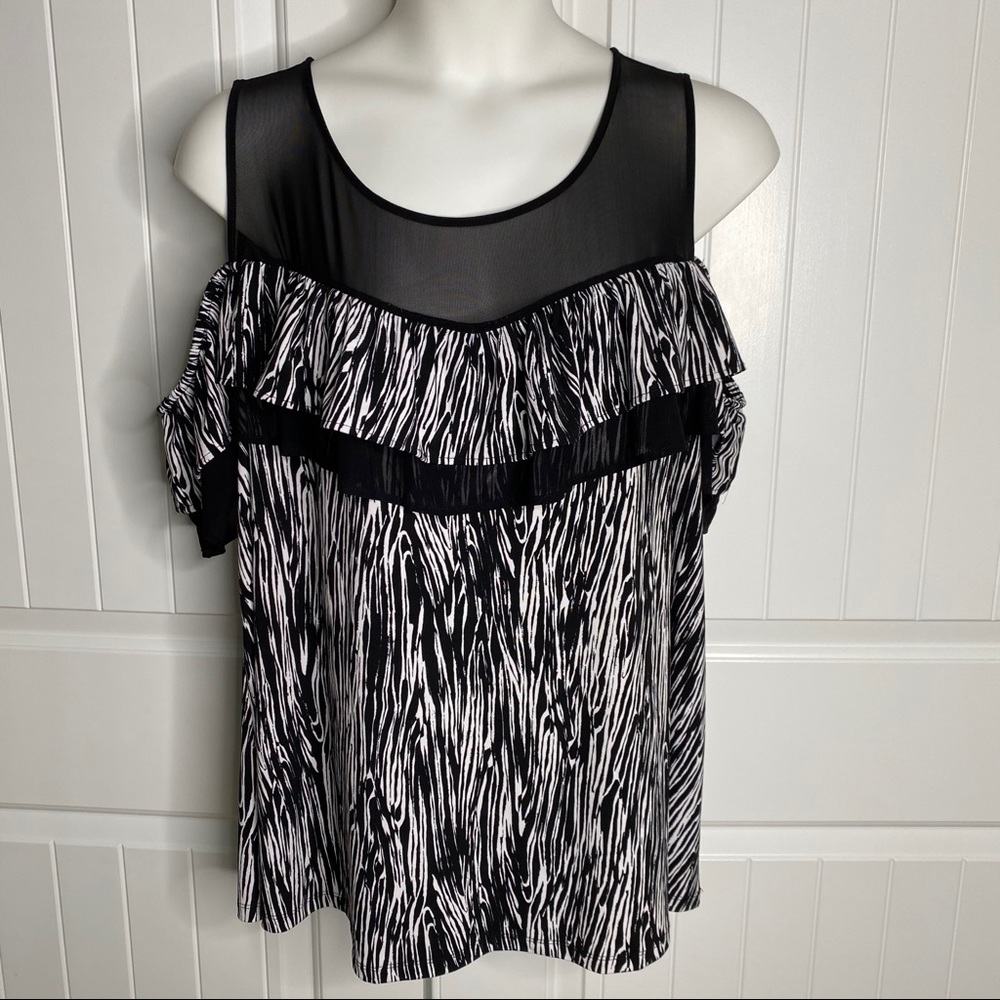 Lane Bryant cold shoulder black & white ruffle top